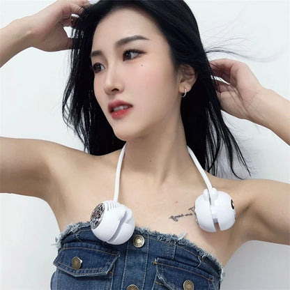 C16 Foldable Rechargeable Hanging Neck Fan Cute Panda Student Kids Fan Cooler+White Neckband