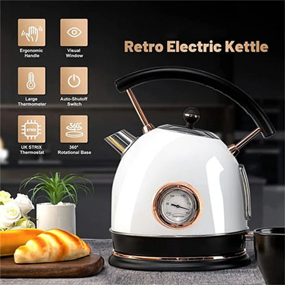 PUKOMC 1.8L Retro Electric Kettle 304 Stainless Steel Boil Water Kettle with Thermometer (BPA Free, No FDA Certificate)