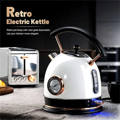 PUKOMC 1.8L Retro Electric Kettle 304 Stainless Steel Boil Water Kettle with Thermometer (BPA Free, No FDA Certificate)