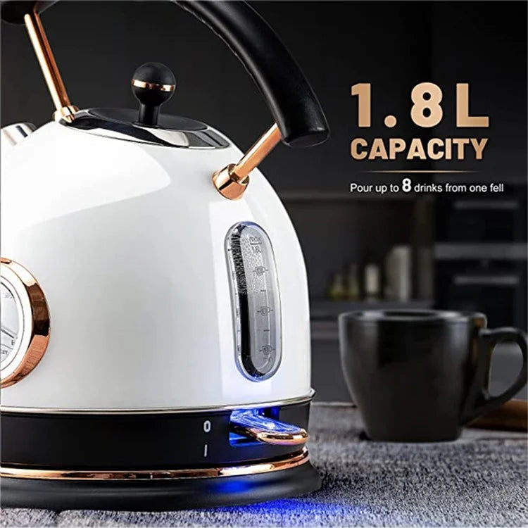 PUKOMC 1.8L Retro Electric Kettle 304 Stainless Steel Boil Water Kettle with Thermometer (BPA Free, No FDA Certificate)