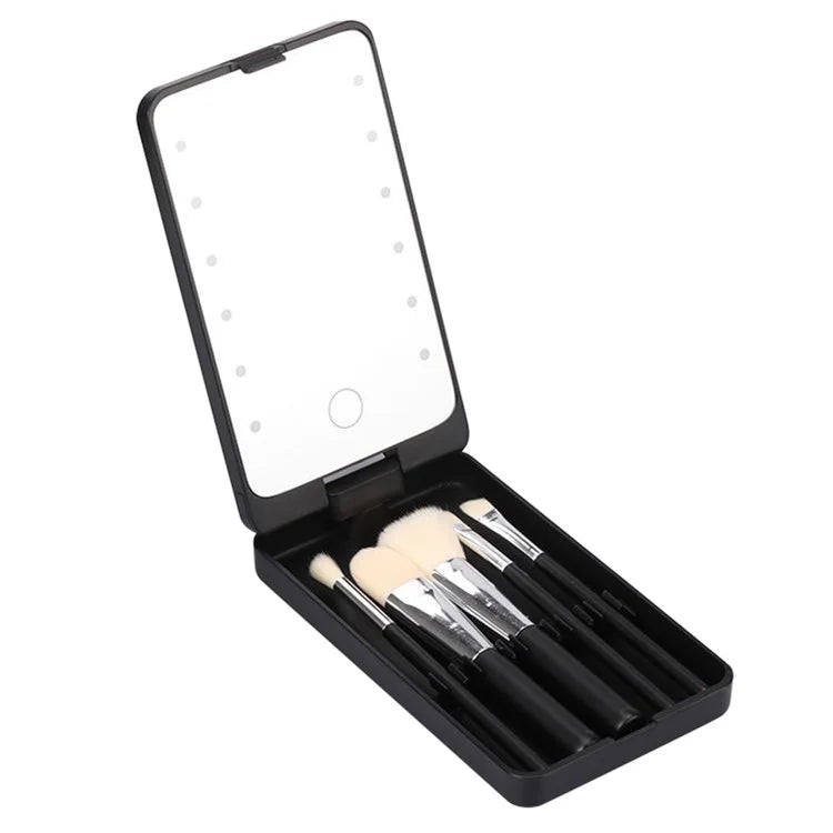 Travel Makeup Brush Set 5pcs Cosmetic Brushes Kit with Rechargeable LED Light Mirror
