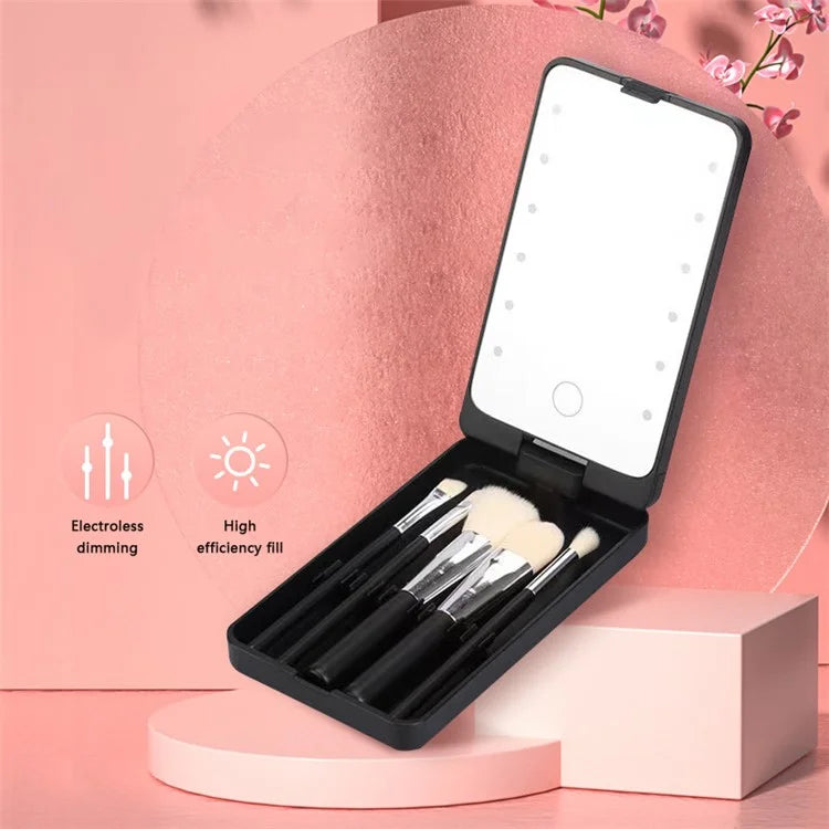 Travel Makeup Brush Set 5pcs Cosmetic Brushes Kit with Rechargeable LED Light Mirror
