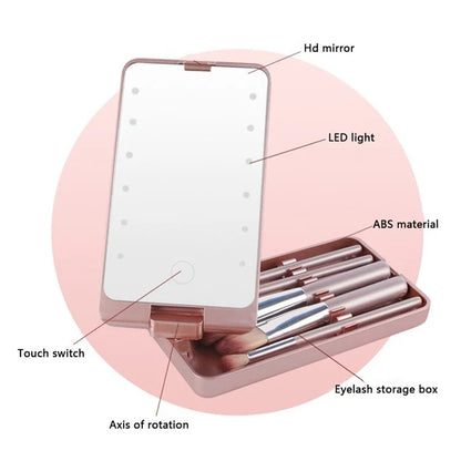 Travel Makeup Brush Set 5pcs Cosmetic Brushes Kit with Rechargeable LED Light Mirror