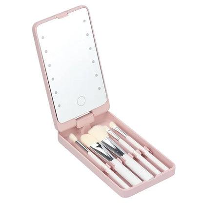 Travel Makeup Brush Set 5pcs Cosmetic Brushes Kit with Rechargeable LED Light Mirror