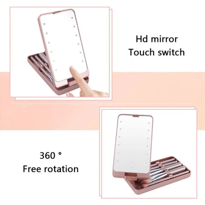 Travel Makeup Brush Set 5pcs Cosmetic Brushes Kit with Rechargeable LED Light Mirror