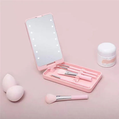 Travel Makeup Brush Set 5pcs Cosmetic Brushes Kit with Rechargeable LED Light Mirror