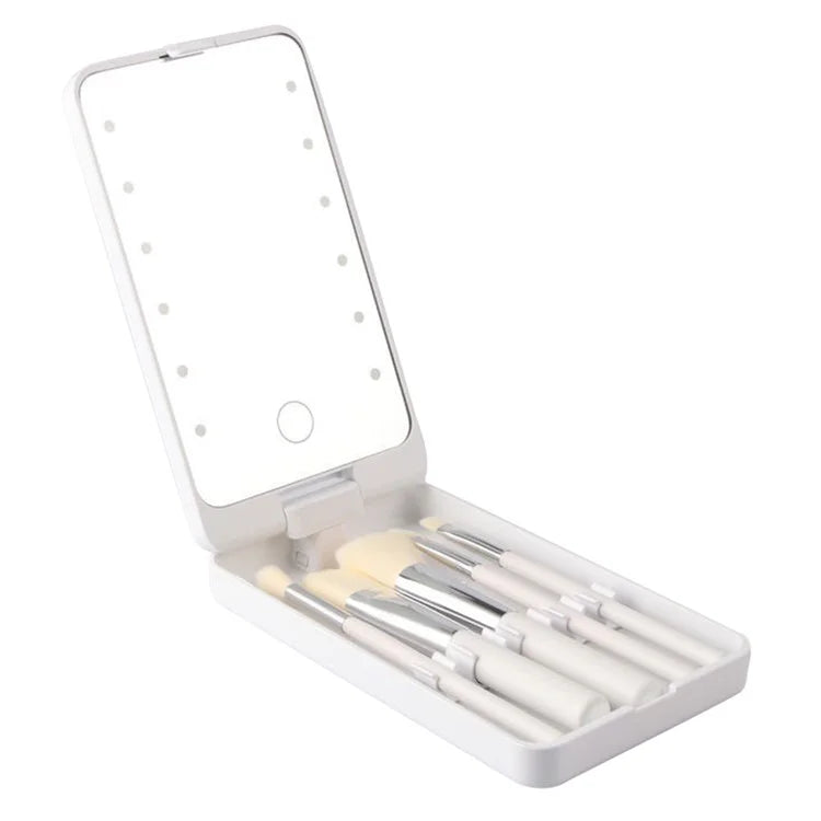 Travel Makeup Brush Set 5pcs Cosmetic Brushes Kit with Rechargeable LED Light Mirror