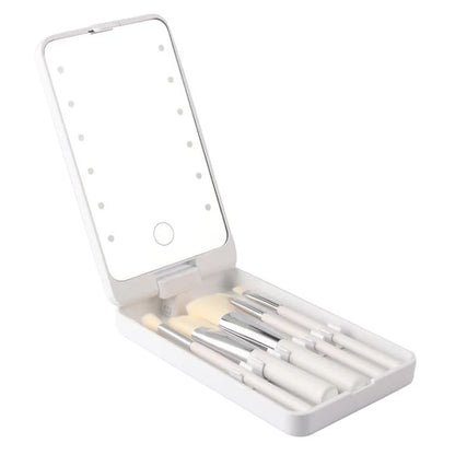 Travel Makeup Brush Set 5pcs Cosmetic Brushes Kit with Rechargeable LED Light Mirror
