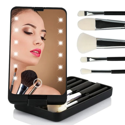 Travel Makeup Brush Set 5pcs Cosmetic Brushes Kit with Rechargeable LED Light Mirror