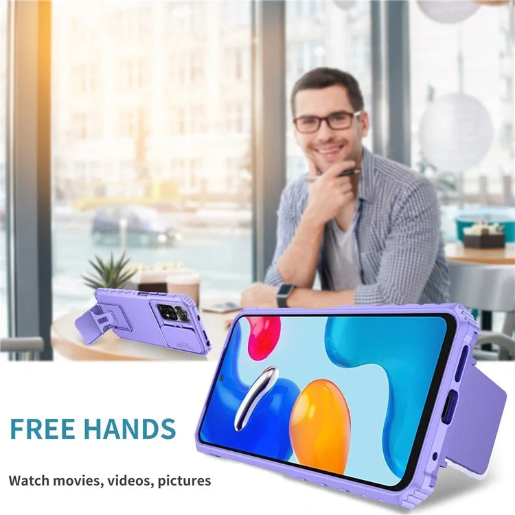 For Xiaomi Redmi Note 11S 4G, Slide Camera Protection Adjustable Kickstand PC + TPU Back Cover Anti-wear Phone Case