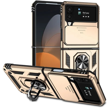 For Samsung Galaxy Z Flip4 5G Case PC+TPU Anti-fall Kickstand Phone Cover with Slide Lens Lid