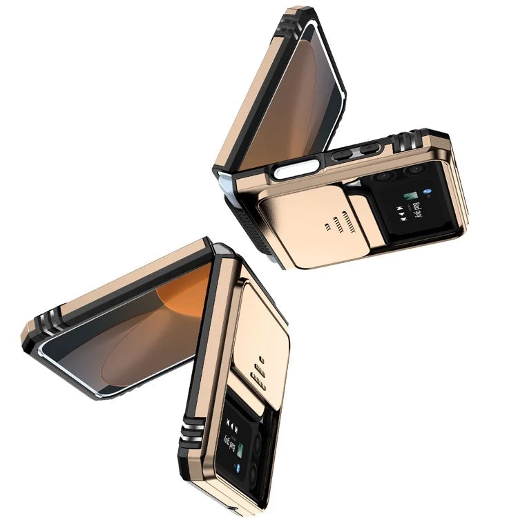 For Samsung Galaxy Z Flip4 5G Case PC+TPU Anti-fall Kickstand Phone Cover with Slide Lens Lid