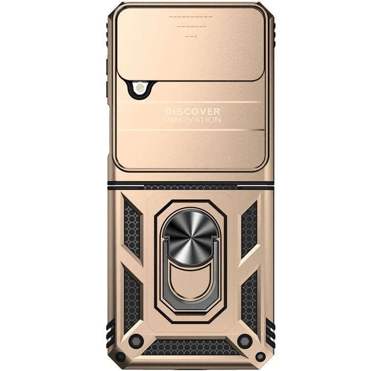 For Samsung Galaxy Z Flip4 5G Case PC+TPU Anti-fall Kickstand Phone Cover with Slide Lens Lid