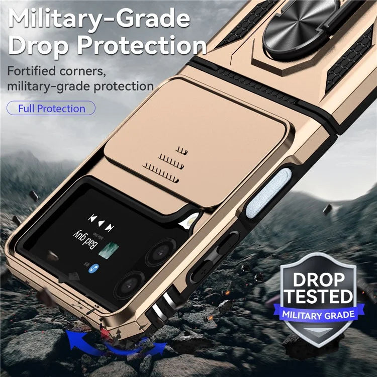 For Samsung Galaxy Z Flip4 5G Case PC+TPU Anti-fall Kickstand Phone Cover with Slide Lens Lid