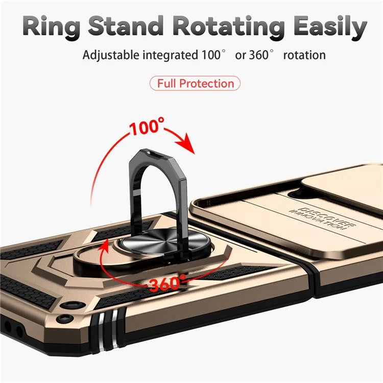 For Samsung Galaxy Z Flip4 5G Case PC+TPU Anti-fall Kickstand Phone Cover with Slide Lens Lid