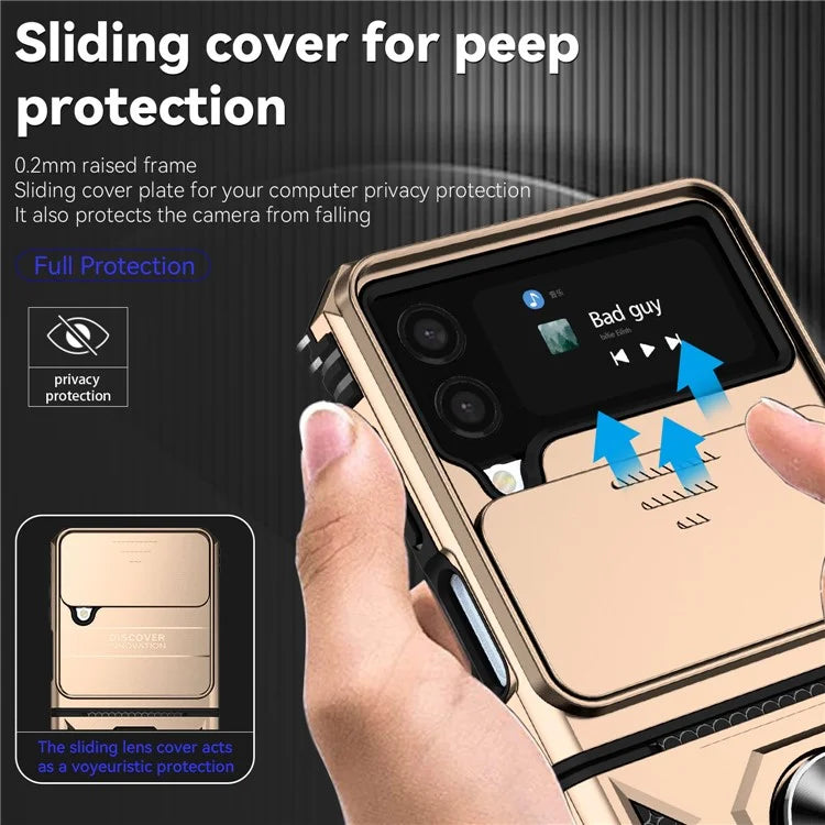For Samsung Galaxy Z Flip4 5G Case PC+TPU Anti-fall Kickstand Phone Cover with Slide Lens Lid