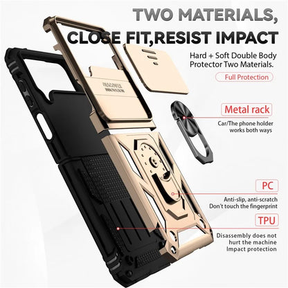 For Samsung Galaxy Z Flip4 5G Case PC+TPU Anti-fall Kickstand Phone Cover with Slide Lens Lid