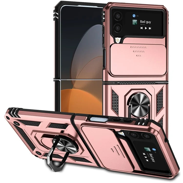 For Samsung Galaxy Z Flip4 5G Case PC+TPU Anti-fall Kickstand Phone Cover with Slide Lens Lid
