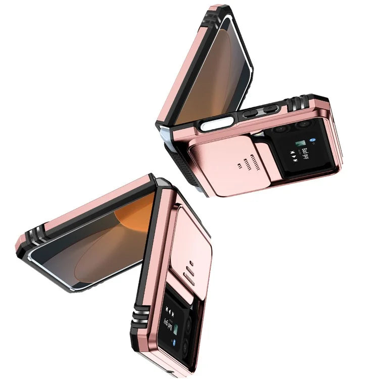 For Samsung Galaxy Z Flip4 5G Case PC+TPU Anti-fall Kickstand Phone Cover with Slide Lens Lid
