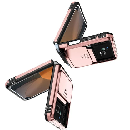 For Samsung Galaxy Z Flip4 5G Case PC+TPU Anti-fall Kickstand Phone Cover with Slide Lens Lid