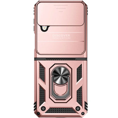 For Samsung Galaxy Z Flip4 5G Case PC+TPU Anti-fall Kickstand Phone Cover with Slide Lens Lid