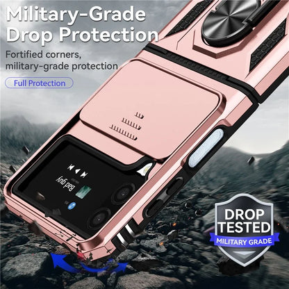 For Samsung Galaxy Z Flip4 5G Case PC+TPU Anti-fall Kickstand Phone Cover with Slide Lens Lid