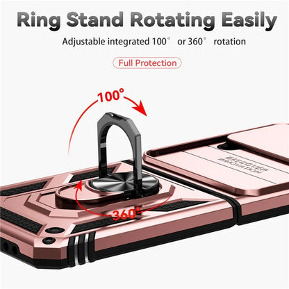 For Samsung Galaxy Z Flip4 5G Case PC+TPU Anti-fall Kickstand Phone Cover with Slide Lens Lid
