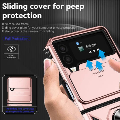 For Samsung Galaxy Z Flip4 5G Case PC+TPU Anti-fall Kickstand Phone Cover with Slide Lens Lid