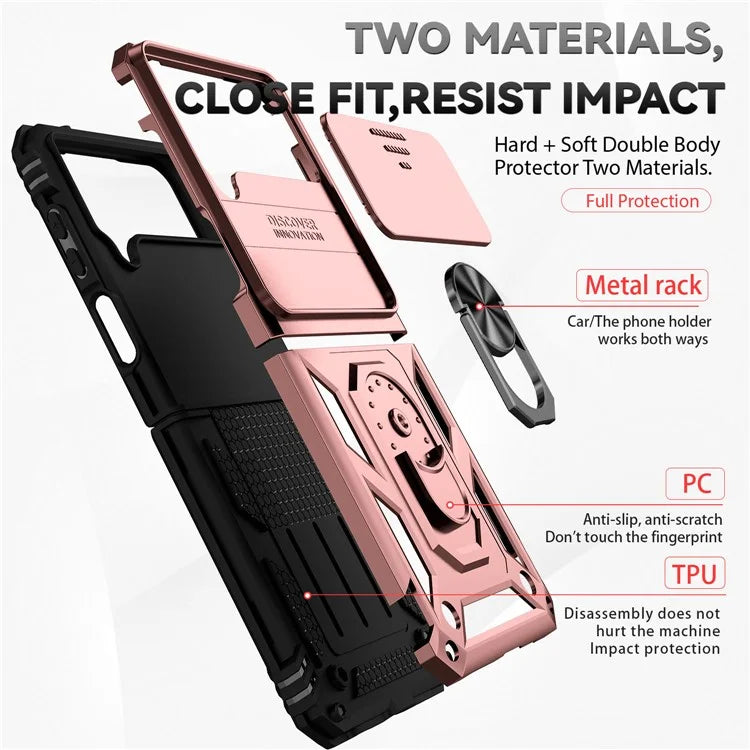 For Samsung Galaxy Z Flip4 5G Case PC+TPU Anti-fall Kickstand Phone Cover with Slide Lens Lid