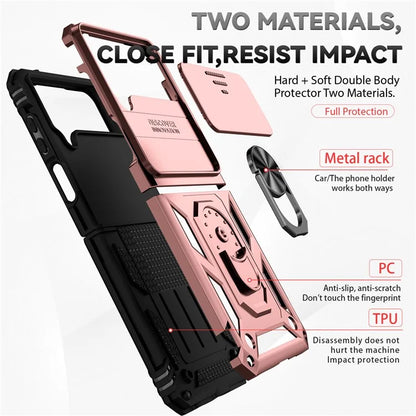 For Samsung Galaxy Z Flip4 5G Case PC+TPU Anti-fall Kickstand Phone Cover with Slide Lens Lid