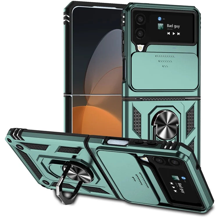 For Samsung Galaxy Z Flip4 5G Case PC+TPU Anti-fall Kickstand Phone Cover with Slide Lens Lid