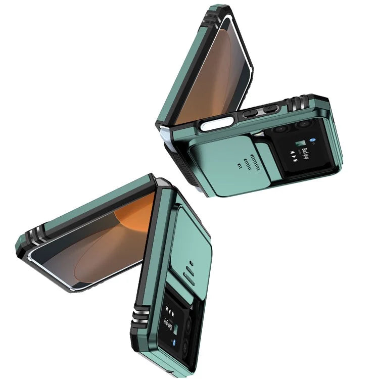For Samsung Galaxy Z Flip4 5G Case PC+TPU Anti-fall Kickstand Phone Cover with Slide Lens Lid