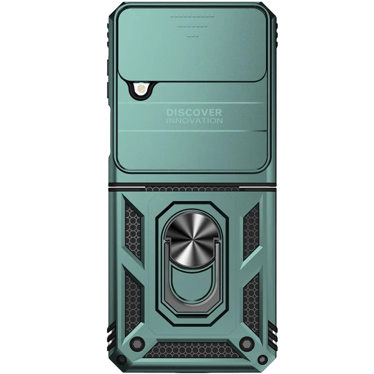 For Samsung Galaxy Z Flip4 5G Case PC+TPU Anti-fall Kickstand Phone Cover with Slide Lens Lid