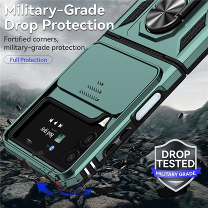 For Samsung Galaxy Z Flip4 5G Case PC+TPU Anti-fall Kickstand Phone Cover with Slide Lens Lid