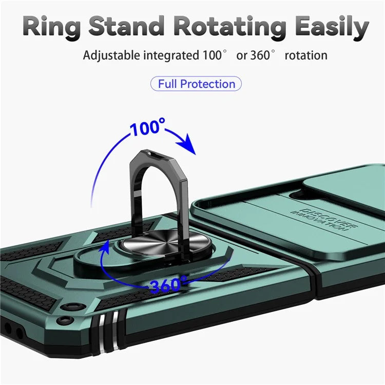 For Samsung Galaxy Z Flip4 5G Case PC+TPU Anti-fall Kickstand Phone Cover with Slide Lens Lid