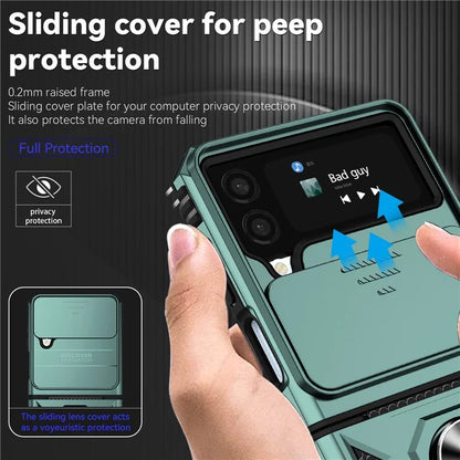 For Samsung Galaxy Z Flip4 5G Case PC+TPU Anti-fall Kickstand Phone Cover with Slide Lens Lid
