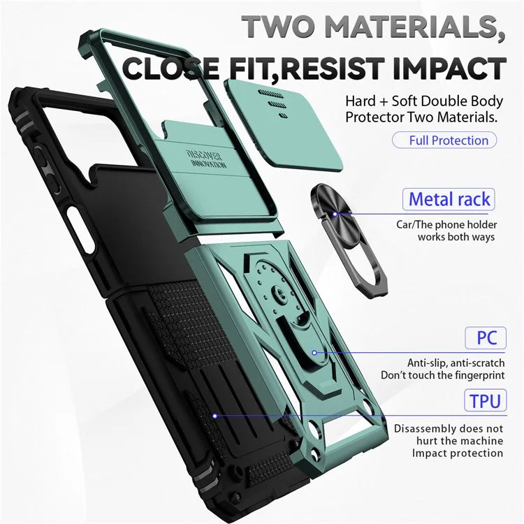 For Samsung Galaxy Z Flip4 5G Case PC+TPU Anti-fall Kickstand Phone Cover with Slide Lens Lid