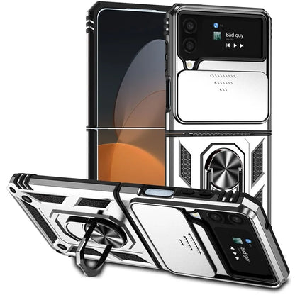 For Samsung Galaxy Z Flip4 5G Case PC+TPU Anti-fall Kickstand Phone Cover with Slide Lens Lid