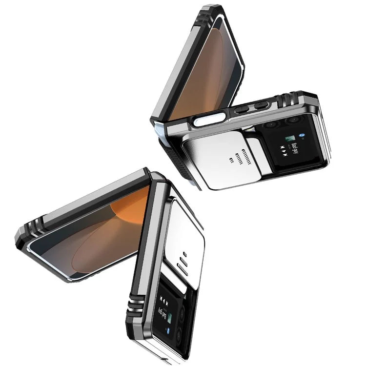 For Samsung Galaxy Z Flip4 5G Case PC+TPU Anti-fall Kickstand Phone Cover with Slide Lens Lid