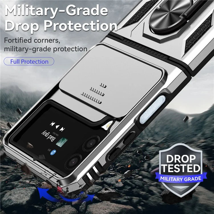 For Samsung Galaxy Z Flip4 5G Case PC+TPU Anti-fall Kickstand Phone Cover with Slide Lens Lid