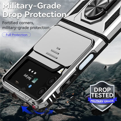 For Samsung Galaxy Z Flip4 5G Case PC+TPU Anti-fall Kickstand Phone Cover with Slide Lens Lid
