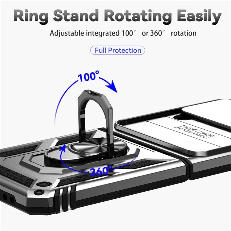 For Samsung Galaxy Z Flip4 5G Case PC+TPU Anti-fall Kickstand Phone Cover with Slide Lens Lid