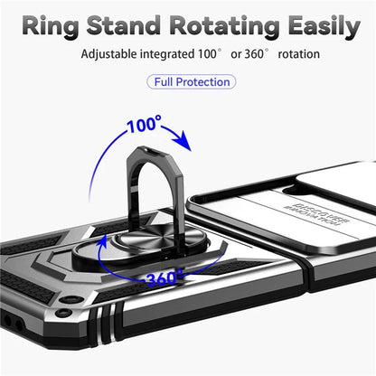 For Samsung Galaxy Z Flip4 5G Case PC+TPU Anti-fall Kickstand Phone Cover with Slide Lens Lid
