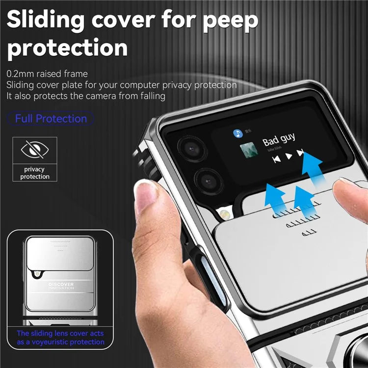 For Samsung Galaxy Z Flip4 5G Case PC+TPU Anti-fall Kickstand Phone Cover with Slide Lens Lid