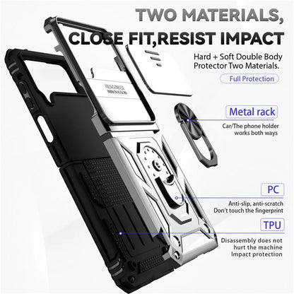 For Samsung Galaxy Z Flip4 5G Case PC+TPU Anti-fall Kickstand Phone Cover with Slide Lens Lid