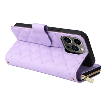 For iPhone 13 Pro Case Wallet PU Leather Rhombus Stand Anti-Fall Phone Cover