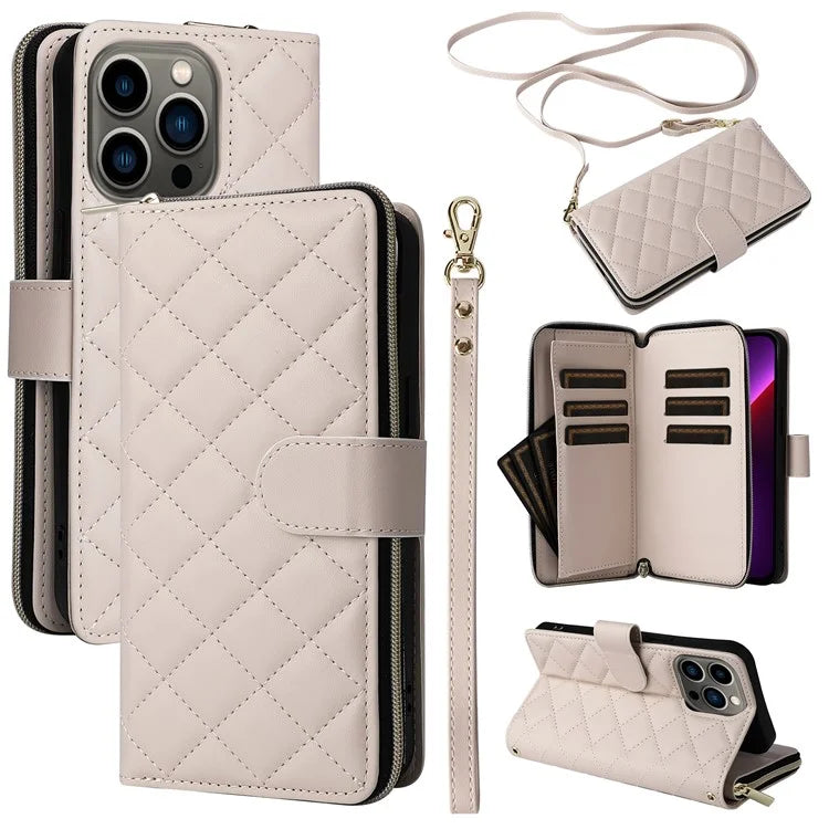 For iPhone 13 Pro Case Wallet PU Leather Rhombus Stand Anti-Fall Phone Cover