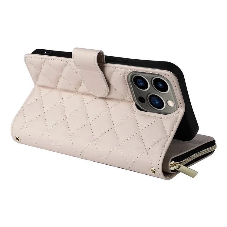 For iPhone 13 Pro Case Wallet PU Leather Rhombus Stand Anti-Fall Phone Cover