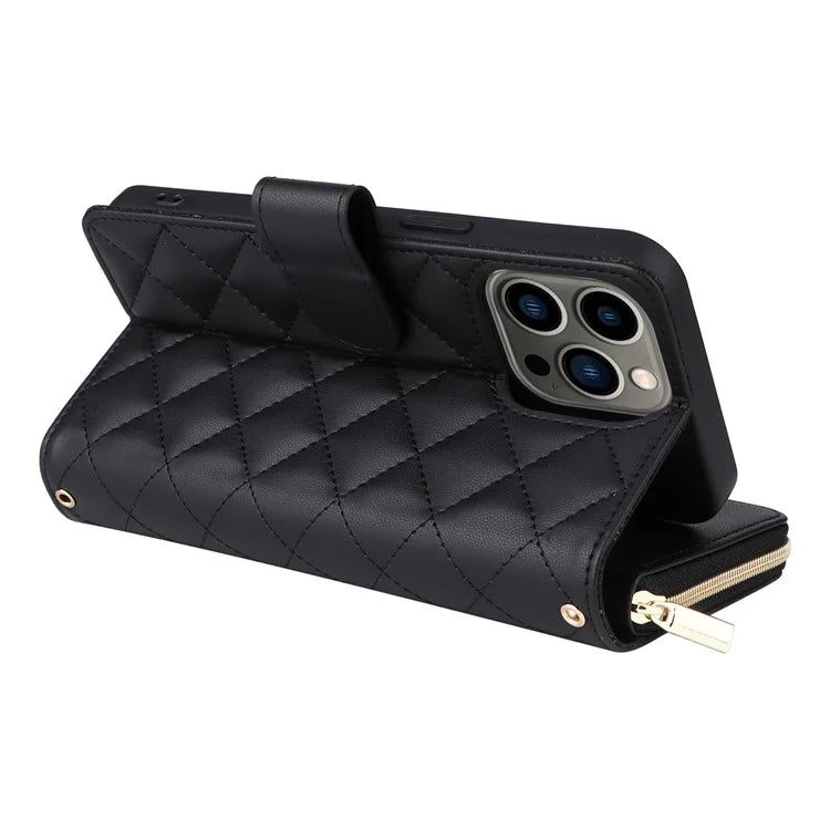 For iPhone 13 Pro Case Wallet PU Leather Rhombus Stand Anti-Fall Phone Cover