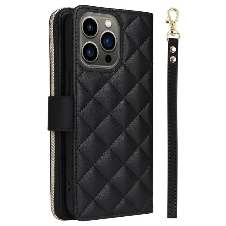 For iPhone 13 Pro Case Wallet PU Leather Rhombus Stand Anti-Fall Phone Cover